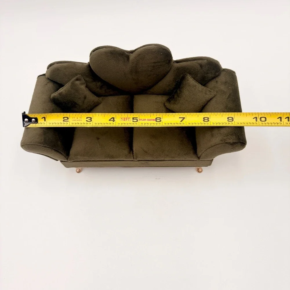 Miniature Sofa Jewelry Box Olive Green Velvet Heart Back Rose Gold Legs Mirror